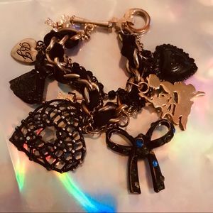Vanity crystal bow heart bracelet charm Betsey Johnson vintage black gold chain
